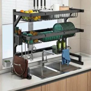 ESCURRIDOR DE PLATOS DOBLE NIVEL EN ACERO INOXIDABLE 65CM NEGRO