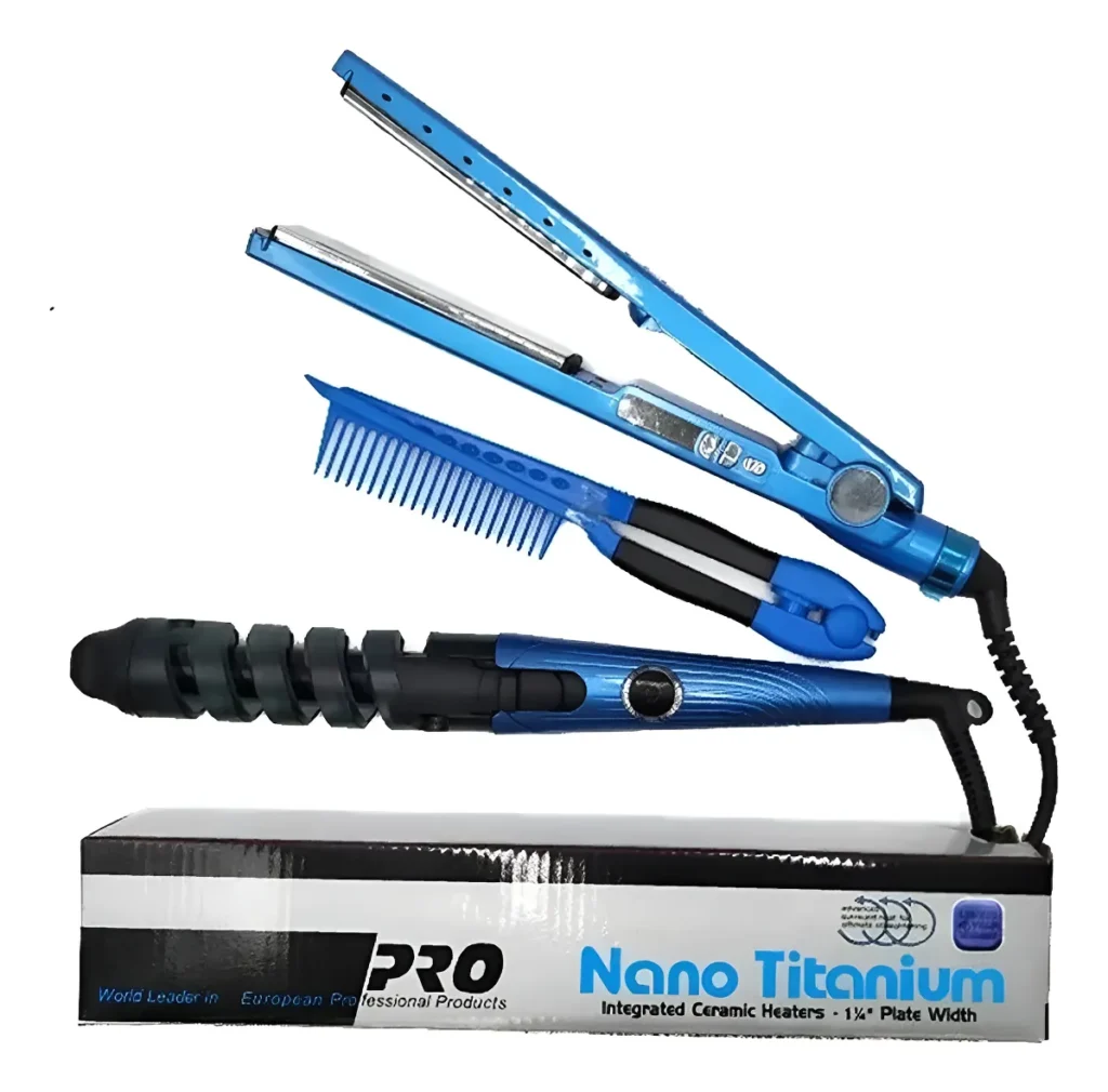 COMBO NANO TITANIUM PLANCHA, PEINE Y RIZADOR AZUL 110/220V
