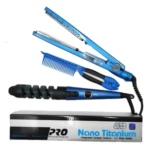 COMBO NANO TITANIUM PLANCHA, PEINE Y RIZADOR AZUL 110/220V