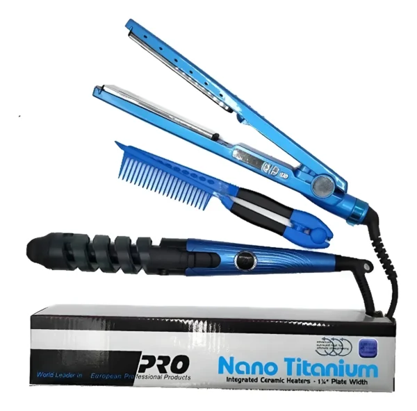 COMBO NANO TITANIUM PLANCHA, PEINE Y RIZADOR AZUL 110/220V