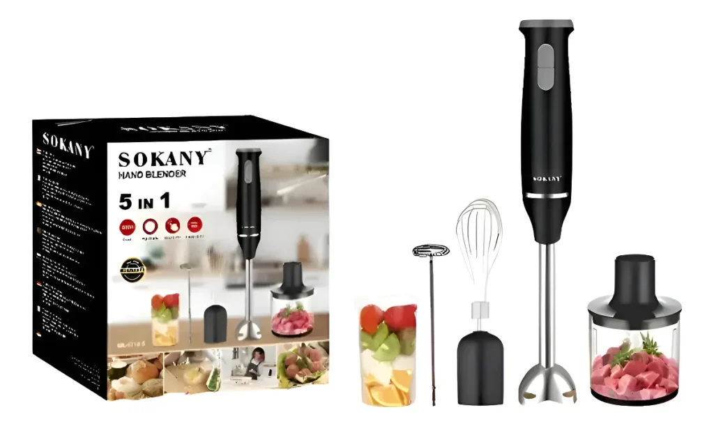 BATIDORA DE MANO SOKANY CON EJE DE ACERO INOXIDABLE 5 EN 1 NEGRO 110V