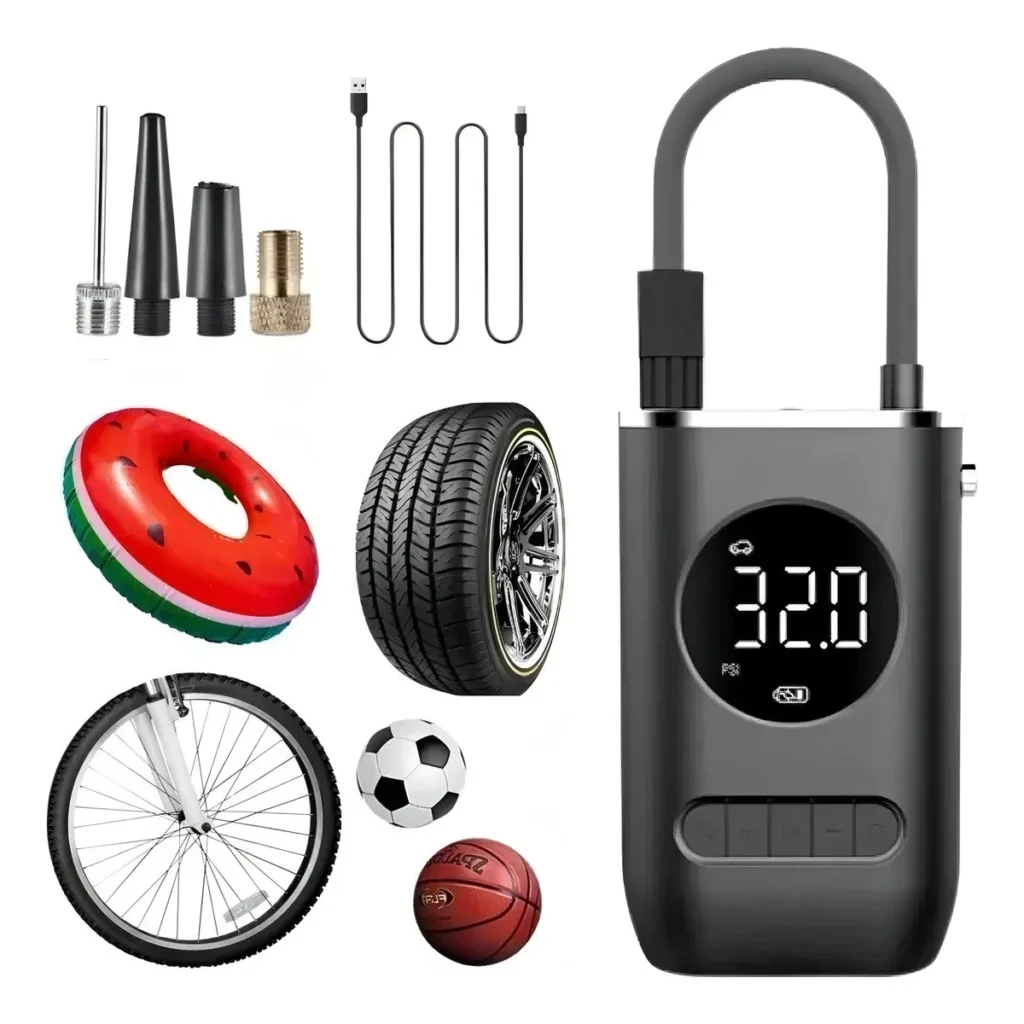 INFLADOR DE LLANTAS PORTABLE COMPRESOR CARRO MOTO BALON COLOR NEGRO FASE ELÉCTRICA MONOFÁSICA 110V/220V