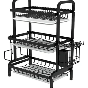 ESTANTE ESCURRIDOR DE COCINA PARA PLATOS EN HIERRO 3 NIVELES COLOR NEGRO