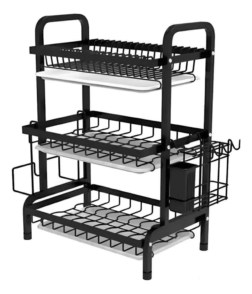 ESTANTE ESCURRIDOR DE COCINA PARA PLATOS EN HIERRO 3 NIVELES COLOR NEGRO