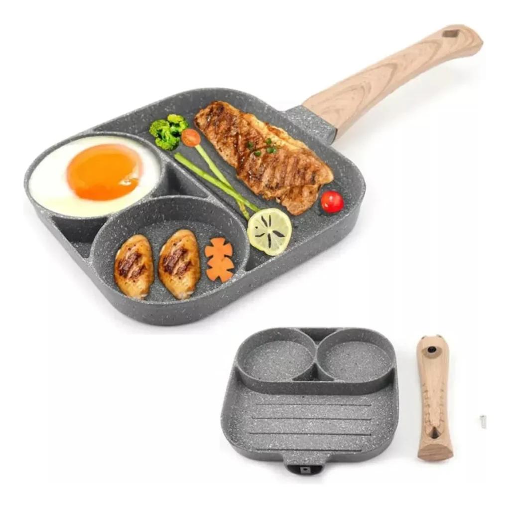 SARTEN ANTIADHERENTE 3 PUESTOS COCINA HUEVOS AREPAS GRIS