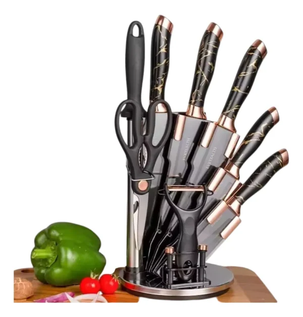 JUEGO DE CUCHILLOS DE COCINA 8 PIEZAS ACERO INOXIDABLE BASE MULTICOLOR