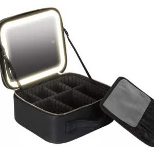 ESTUCHE DE MAQUILLAJE CON ESPEJO LUZ LED COSMETIQUERA COLOR NEGRO Y ROSADO