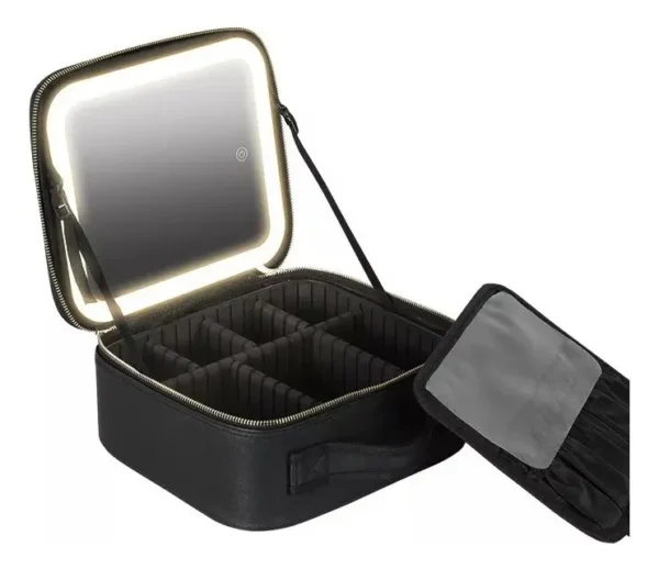 ESTUCHE DE MAQUILLAJE CON ESPEJO LUZ LED COSMETIQUERA COLOR NEGRO Y ROSADO